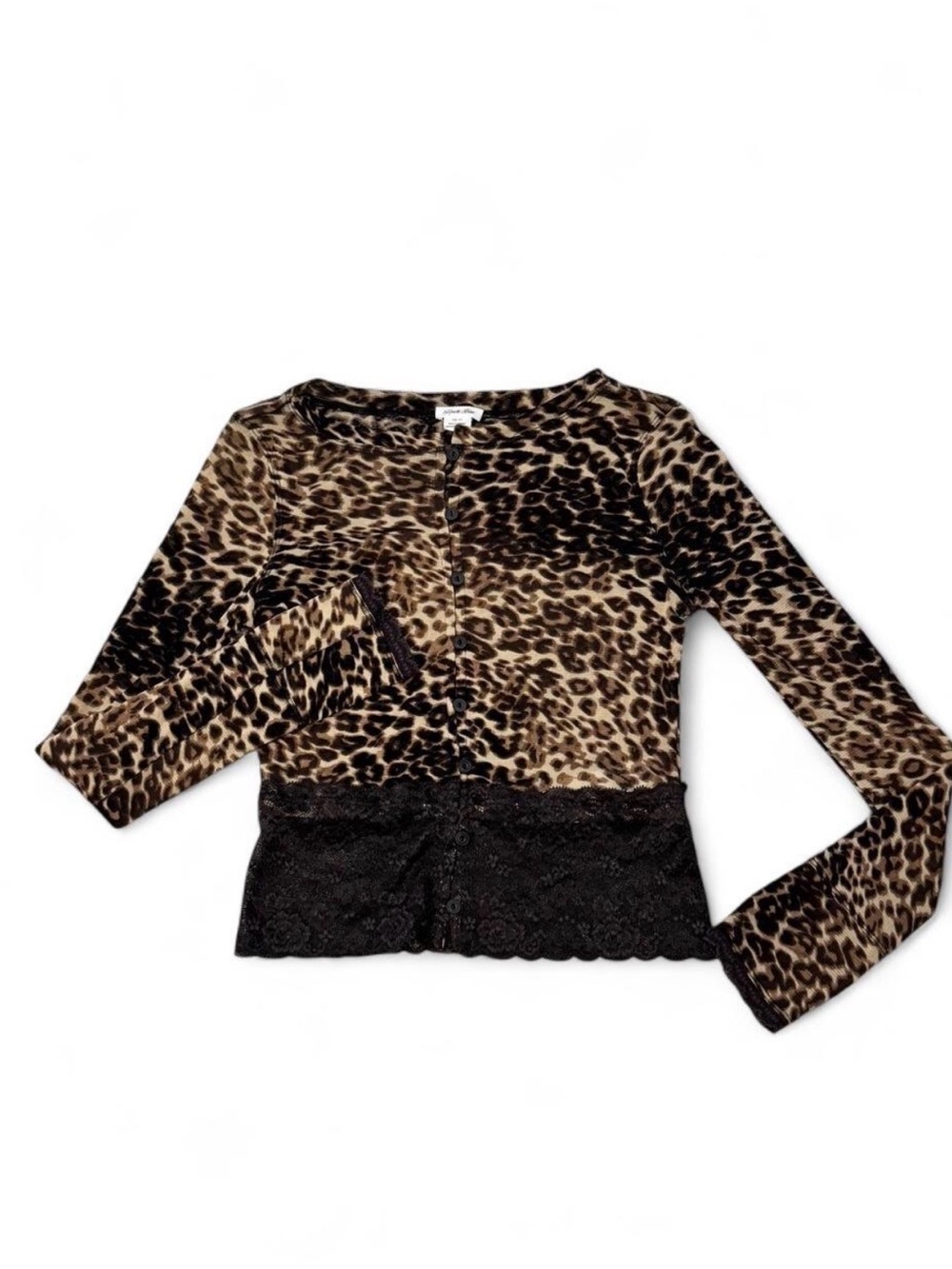 Y2K Baby Tee Cropped Cardigan Sheer Mesh Lace Trim Animal Print size XS
